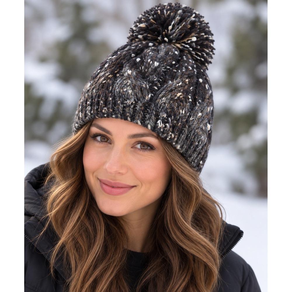 C.C Exclusives Beanie Womens OS Cabin Core Confetti Cable Knit Pom Pom Black